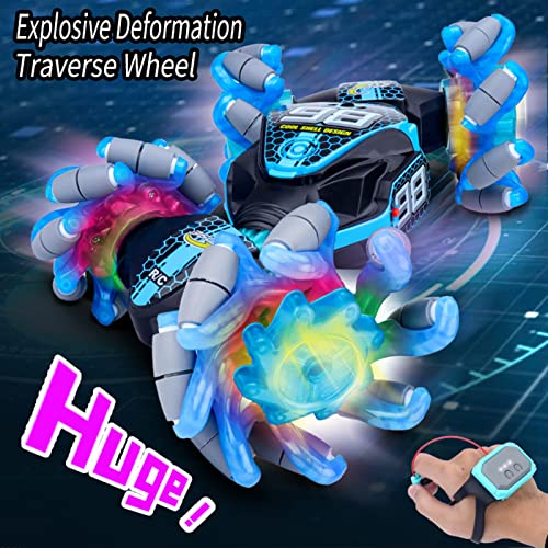 GoolRC Gesture Sensing RC Stunt Car, 4WD 2.4GHz Remote Control Car, Transformer Toy Cars with LED Lights, Double Sided Driving, 360?Rotating and Explosive Wheel for Adults (Blue) - color: Blue