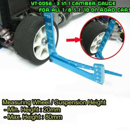 Blue Aluminium Alloy Camber Gauge for 1/8 1/10 RC Car, Wheel Setup Tool with Chassis Height Ruler -20mm to 80mm