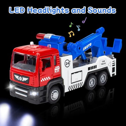 Diecast Tow Truck Toy, Pull Back Vehicle with 2 Mini Cars for Boys | Carrier Trucks Toys with Lights & Sound, Metal Tow Truck and Trailer for Kids Toddlers Age 3 4-7 8 9 Years Old - style: Tow Truck