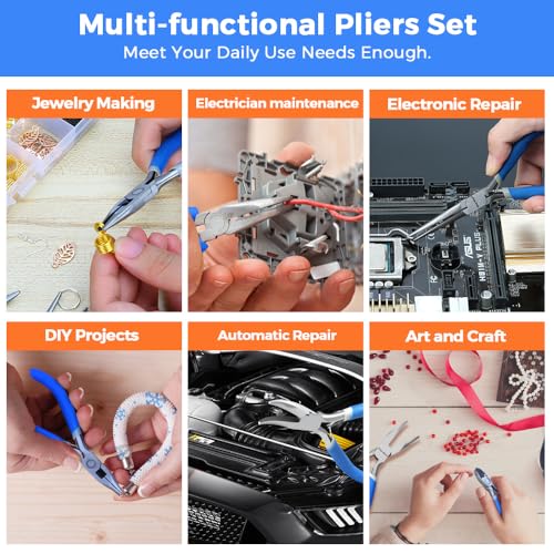 LIFEGOO 5 Pieces Mini Pliers Set – Durable Precision Tool Kit for Crafts, Jewelry & DIY, Includes Long Needle Nose, Bent Nose, Diagonal, End Cutting, Nipper (Blue) - color: Blue