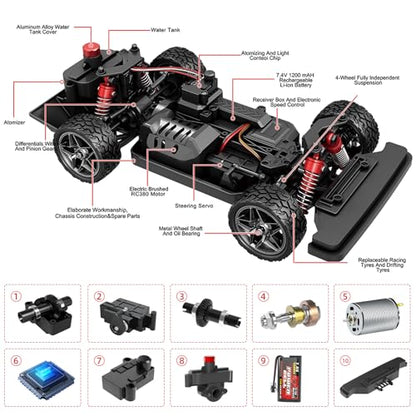 1/16 RC Drift Car, 35KM/H 4WD High Speed Remote Control Car with 380 Motor, Two Batteries & LED Light & Spray, 2.4 GHz RC Car for Adults and Kids