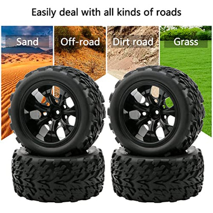 RC Wheels and Tires, 4 Pack, 12mm Hex, 1/10 Monster Truck | with Nuts and Washers, RC Car Parts