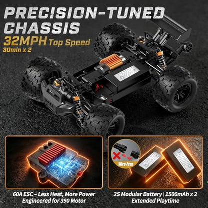 1/16 4X4 Off-Road High-Speed 50+KM/H(Peak) Alloy RC Cars Monster Truck - 390 Motor Durable axle & Suspension RC Truck | 3000mAh Batteries | rc Cars Toys Birthday for Teens Aged 14+ - color: Black
