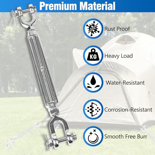 6 PCS M5 Turnbuckle 3/16" 304 Stainless Steel Jaw and Jaw Turnbuckle Tensioner, Heavy Duty Cable Tensioner, 570 LBS Working Load Limit, Adjustable Turnbuckles for Cables Wire, Clotheslines, Shade Sail - size: 3/16"-6 Pack
