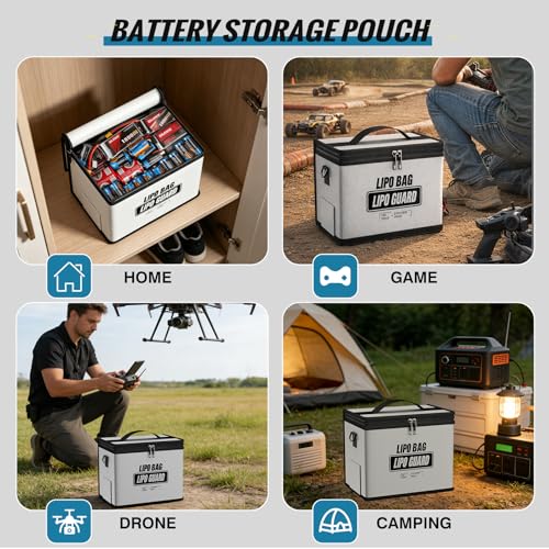 Fireproof Explosionproof Lipo Battery Bag with Shoulder Strap | 5200°F Heat Resistant,Large Capacity,Safe Charging&Battery Storage,RC Drone LiPo Battery Protection, Silver, 9.8x5.5x8.8in