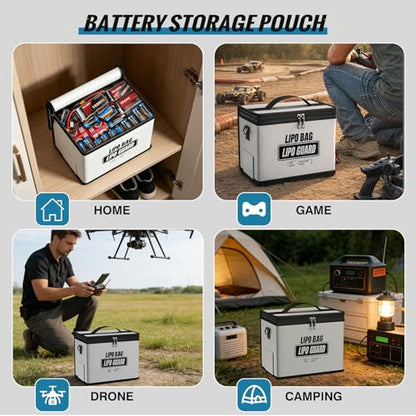 Fireproof Explosionproof Lipo Battery Bag with Shoulder Strap | 5200°F Heat Resistant,Large Capacity,Safe Charging&Battery Storage,RC Drone LiPo Battery Protection, Silver, 9.8x5.5x8.8in