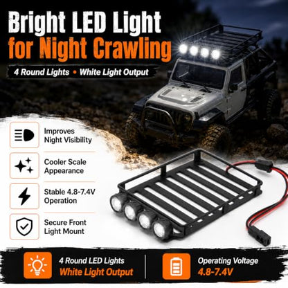 RC Metal Roof Rack Luggage Carrier for Axial SCX24 1/24 RC crawle rwith Four White LED Lights 4.3 x 2.6in for Enthusiasts Scale Model Hobbyists - size: Round Lamp
