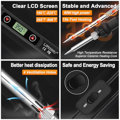 Soldering Iron Kit 80W LCD Adjustable Temperature 180-520℃ Solder Kit Electronics 13 in 1 Welding Tools with ON/OFF Switch, Solder Wire, Flux, 5 Soldering Tips, Desoldering Pump, Stand, Tweezers