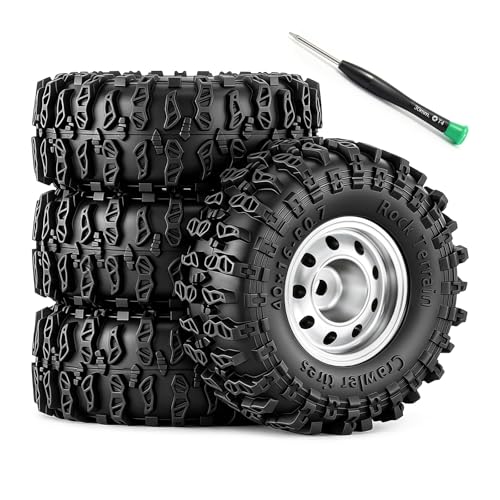 0.7" Beadlock Wheels and Tires for 1/30 Scale Axial SCX30 RC Crawler (Silver) | 40×16mm, Aluminum Wheels, Rock Terrain Tires, Includes assembly tools - color: Silver