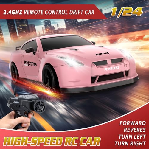 Remote Control Car RC Drift Car 2.4GHz 1:24 Scale 4WD 15KM/H High Speed Model Vehicle with LED Lights Drifting Tire Racing Sport Toy Car for Adults Boys Girls Kids Gift - color: C-pink