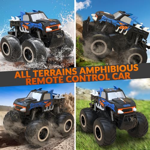 STEMTRON 1:16 Amphibious Monster Truck All Terrain RC Car Toys | 2.4GHz 4WD Waterproof Remote control car, Double-Sided Surfing Off-Road Vehicle, Pool and Yard RC Crawler Gifts for Boys Kids - color: Blue Truck, size: 1:16 Scale