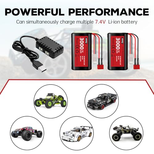 2PCS 7.4V 3000mAh 15C 2S T Plug Rechargeable Li-ion Battery with 1 to 2 Charger for 4WD High Speed RC Car and Most 1/12, 1/16, 1/18 Scale RC Car,Truck RC Ship Engineering Vehicle Backup Battery