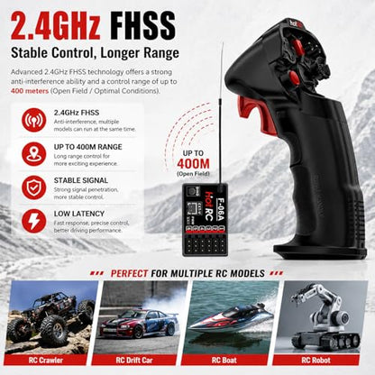 HOTRC DS-4A One-Hand RC Controller System with E-6A 6CH Receiver, 2.4GHz FHSS Transmitter with Cruise Control, Up to 400m Range for RC Crawler, Trail Truck, Drift Car, Boat and Robot