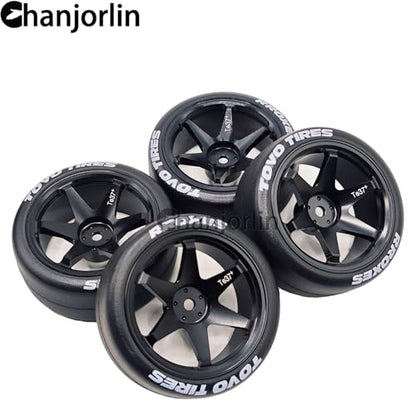 RC 1/10 Drift Tires & Aluminum Wheels 12mm Hex OD 65mm Hard Drift Racing Smooth Tyres for 1:10 1/12 Rally Street On Road Touring Car TT01 TT02 XV02 XV01 TA06 HPI KYOSHO PTG2 4PCS (Black) - color: Black