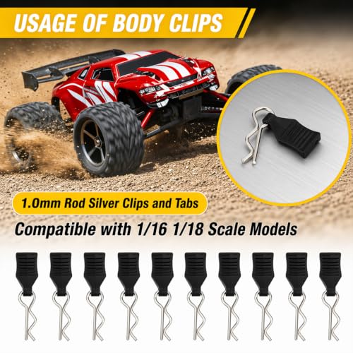60-Pack RC Body Clips with Pull Tabs, 1mm Pins | Stainless steel, curved R-clip design, compatible with SCX24, TRX4M, H16BM, 16889 models