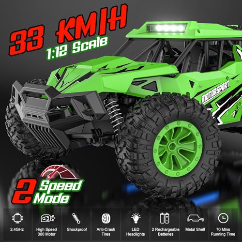BLUEJAY Remote Control Car, 2.4GHz High Speed 33KM/H RC Cars Toys | 1:12 Monster RC Truck Off Road with LED Headlight and Rechargeable Battery Gifts for Adults Boys 8-12 - color: Green