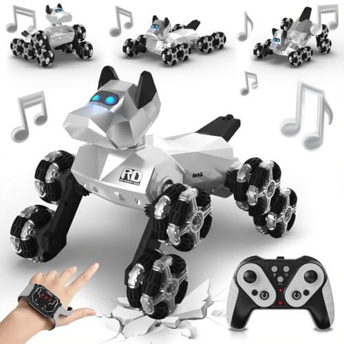 Robot Dog Toy, 2.4 GHz Remote & Gesture Control, RC Stunt Cars with Music Light Eyes 2 Rechargeable Batteries, Toy for Kids Boys Girl Christmas Birthday Gifts