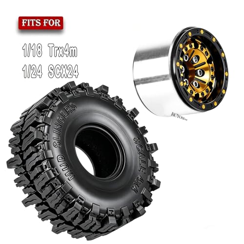 RC Aluminum (4PCS) 1.0 Wheel Rim Soft Rubber Tires&1.0 Beadlock Wheel Rim&Wheels Tires for 1/18 1/24 Trx4m SCX24 RC Crawler Car,Gold - color: Gold- (Rc Wheels Tires)