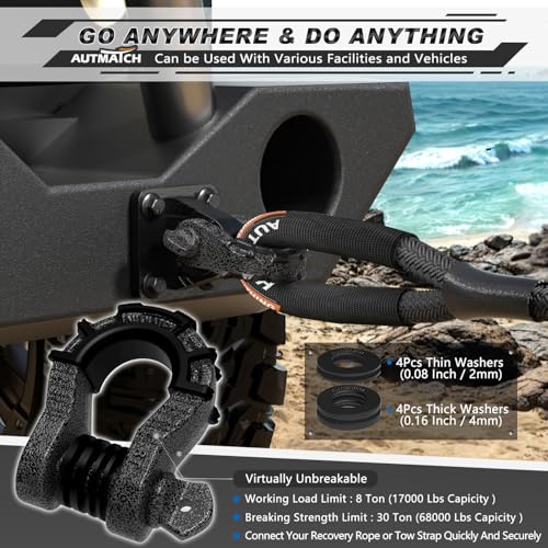 AUTMATCH D Ring Shackles 3/4" Mega Shackle (2 Pack) 68,000Ibs Break Strength - Heavy Duty Clevis Shackles 7/8" Screw Pin & Isolator Washer for Tow Strap Winch Off Road Vehicle Recovery, Grainstone - color: Grainstone