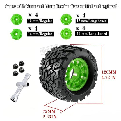 RC Truck Tires Wheel 12mm/14mm Hex for 1/10 Big Rock Granite Vortek/Stampede Rustler Hoss/Axia1/L0s1/Redca t/Rc 4wd,4-Pack RC Wheels Tires,Green - color: Green for 1/10 Arrma
