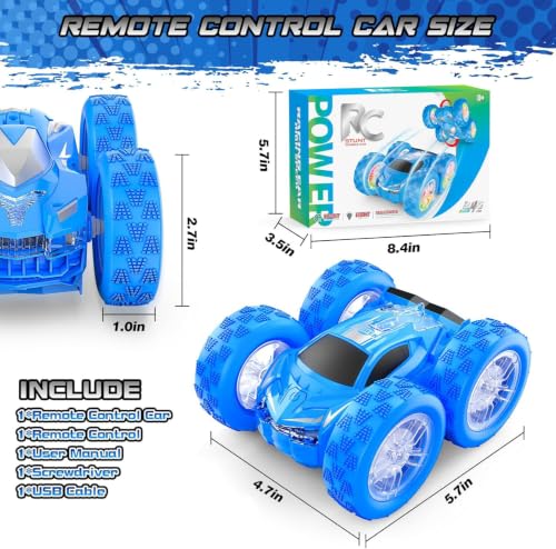 Wupuaait Flip Remote Control Car for Kids, RC Stunt Cars Toys for Boys Ages 4-7 with Double-Side and Changeable Led Lights, 1:24 Vehicle Toy Birthday Gift 3 4 5 6 7 8 9 Year Old Girls Racing Car Blue - color: Blue