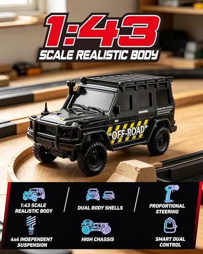 ARRIS 1/43 Micro Desktop RC Crawler 4WD with Full Proportional Control | App Control, Independent Suspension, Two Body Shells, LED Lights, Mini Off-Road Fun - color: Black
