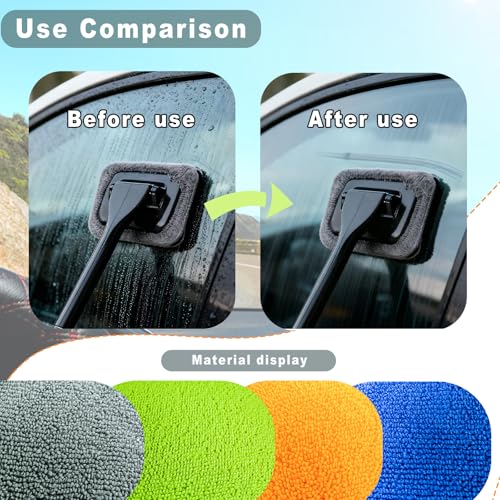 Car Windshield Cleaner Tool, Microfiber Windshield Cleaning Tool with 4 Soft Pads Rotatable Head Cleaning Kit Spray Bottle, Car Accessories Auto Glass Cleaner for Windows