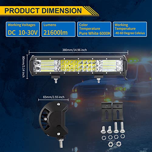 Willpower 15 Inch 216W Led Light Bar Spot Flood Combo Beam 12V 24V Fog Work Lamps Driving Offroad Lights for 4x4 Truck Tractor Boat Car ATV UTV SUV - size: 15'' - 216W - Combo