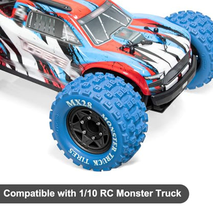 LRFHL MX28 F/R 2.8" RC Monster Truck Tires and Wheels 4PCS, Blue | 12mm/14mm Hex Adapter, 1/10 RC Monster Truck, Compatible with Traxxas Stampede Rustler Redcat Arrma Vorteks Big Rock Granite - color: Blue Tires+ Black Hex Wheel-2