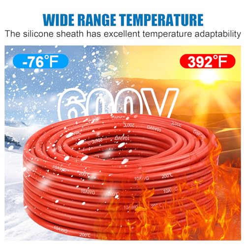 10 Gauge Silicone Wire (2 PCS) 20 FT Red + 20 FT Black Tinned Copper Core, Flexible 10 AWG High Temp Wire for Battery, Automotive, Solar, RC Car, Drones etc. - size: 10 AWG 20FT