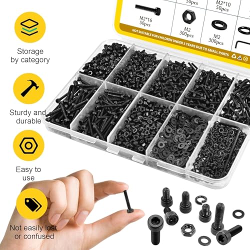 1198pcs M2 Hex Socket Head Screws, Nuts and Washers Assortment Kit | M2*4/6/8/10/12/16 mm, Hex Socket Head Cap Bolts,Nuts&Washers Assorted Set,12.9 Grade Black Zinc Plated for 3D Printer - size: M2 1200pcs