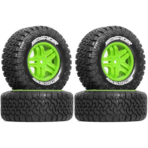 1/10 RC Short Course Truck Plastic Wheels 12mm Hex and Tires OD 4.41" 5-Spok Off Road Tyres for 1:10 Scale Truck Car TRAXXAS Slash 4X4 2WD ARRMA SENTON 3S Losi Redcat Rc4wd 4PCS (Green) - color: Green