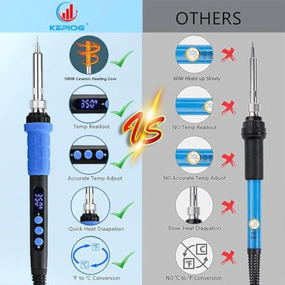 Soldering Iron Kit, 100W High Power LCD Soldering Iron, 2 Helping Hands Soldering, Flux, Iron Tips, Tin Wires, Solder Sucker, Tweezers. °C/℉ Conversion, Auto Sleep，Temperature Calibration - color: Blue (11-in-1 Soldering Iron Kit)