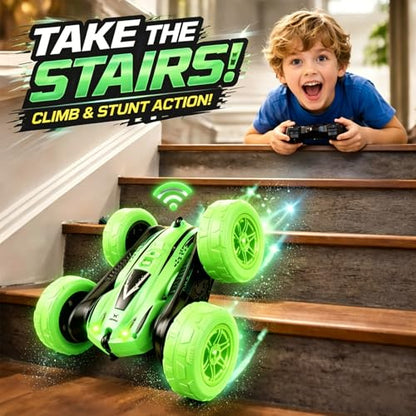 Titorot RC Stunt Car –Green | 360° stunt flips, double-sided driving, LED lights, rechargeable battery, 2.4GHz anti-interference, all-terrain wheels, 4-8 - color: Green+extra 4 Yellow Wheels