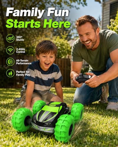 RC Stunt Car for Kids & Dog Chase Fun, 4WD Remote Control Car with Inflatable Bounce Tires, 360° Flips & Spins, Double-Sided Driving, LED Lights, Outdoor Backyard Toy, Gift for Boys Girls