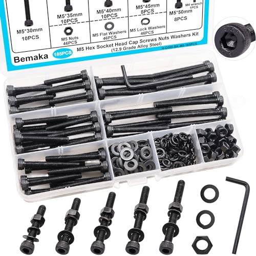 185PCS Black M5 Hex Socket Head Cap Screws, M5 x 30/35/40/45/50mm Metric Screws Bolts Nuts Washers Assortment Kit with Hex Wrench, 12.9 Grade Alloy Steel - size: M5 x 30/35/40/45/50mm, style: Socket Head