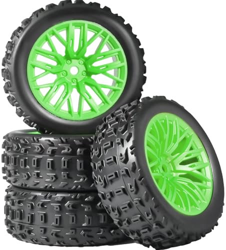 Pre-Glued 1/16 & 1/18 RC Monster Truck Tire & Wheel 70x26mm wtih 12mm Hex | Rubber Tires with Foam Fits for ARRMA 1/18 Granite/Typhon Grom, WLtoys A949, MJX Hyper Go H16 (4PCS, Green) - color: Green