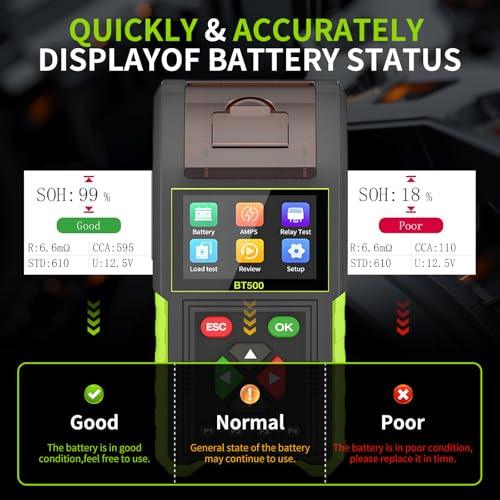 12V/24V Automotive Battery Tester & Relay Tester 20-2000CCA Load Tester | BT500 12V/24V Car Battery Tester, Relay Tester, Digital Battery Analyzer Charging Cranking System Test with Built-in Printer