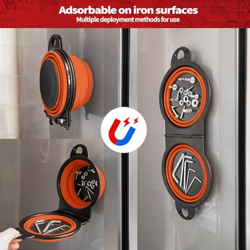 Collapsible Magnetic Parts Tray Set, Foldable Magnetic Trays, Integrated 5.1" Round Dual Silicone Bowls, Multi-Use Nuts And Bolts Organizer, Bonus Hanging Hook for On-the-Go Carry(Orange)