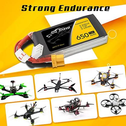 TATTU 650mAh 2S 7.4V 75C LiPo Battery Pack with XT30 Plug for 120 Size FPV Torrent 110