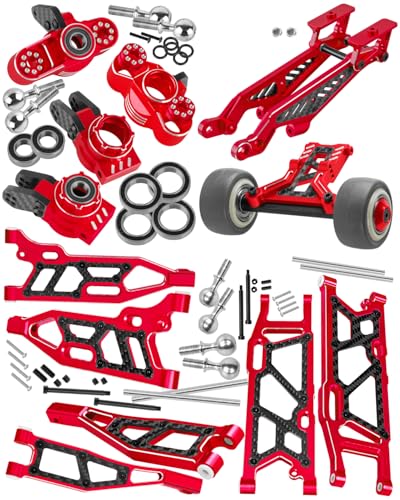 RC Upgrades Part for 1/8 Kraton/Outcast/Notorious 6S BLX,Alloy Front Rear Suspension Arms,Front Knuckles Steering Blocks &Rear Hub Stub Axle Carriers,Wing Mount &Wheelie Bar Set,Red - color: Red(1set)