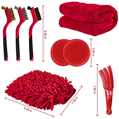 18 PCS Car Cleaning Tools Kit, Car Detailing Brush Set with Driller Attachment Set, Car Wash Kit, Car Cleaning Brushes for Cleaning Interior, Exterior, Wheels, Etc. (Red)