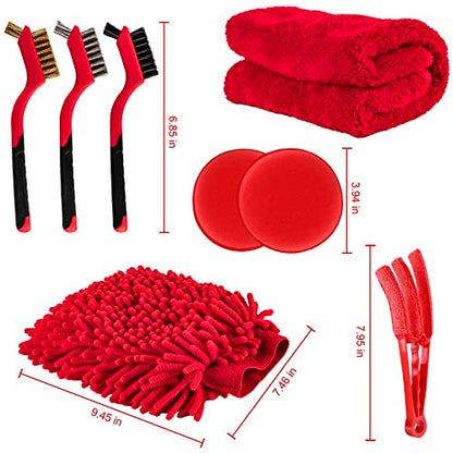 18 PCS Car Cleaning Tools Kit, Car Detailing Brush Set with Driller Attachment Set, Car Wash Kit, Car Cleaning Brushes for Cleaning Interior, Exterior, Wheels, Etc. (Red)