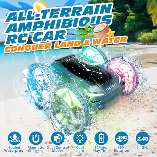 Tecnock Amphibious Remote Control Car Boat, 4WD Gesture RC Cars with Magnetic Charging, 60 Min Playtime, LED Lights, Pool Toys for Kids Ages 6-12, Gift Toys for Boys Girls - color: Green