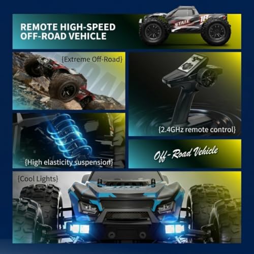 1/16 Scale 4WD Brushless RC Off-Road Truck, 2.4GHz Full Proportional Remote Control Car, 30KM/H High-Speed All Terrain Monster Truck with LED Lights RTR Hobby Grade Vehicle - color: Red