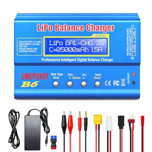 B6 Battery Balance Charger 2026 Upgraded 80W Discharger for NiMH/NiCd (1-15S) LiPo/Li-ion/Life Battery (1-6S) RC Hobby Batteries Balance Charger with AC Power Supply