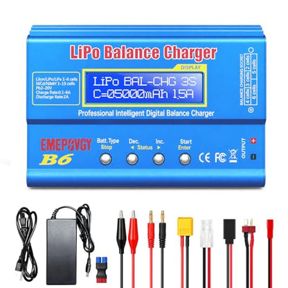 B6 Battery Balance Charger 2026 Upgraded 80W Discharger for NiMH/NiCd (1-15S) LiPo/Li-ion/Life Battery (1-6S) RC Hobby Batteries Balance Charger with AC Power Supply