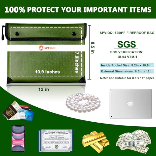 Upgraded 5200°F Fireproof Document Bag - Heat Insulated, Fireproof Safe Pouch with Zipper, 8 Layers of Functional Materials, Firep roof Money Bag for Cash/Documents, Water Resistant Fire Bags - color: Green, size: 12" x 8.5"