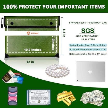 Upgraded 5200°F Fireproof Document Bag - Heat Insulated, Fireproof Safe Pouch with Zipper, 8 Layers of Functional Materials, Firep roof Money Bag for Cash/Documents, Water Resistant Fire Bags - color: Green, size: 12" x 8.5"