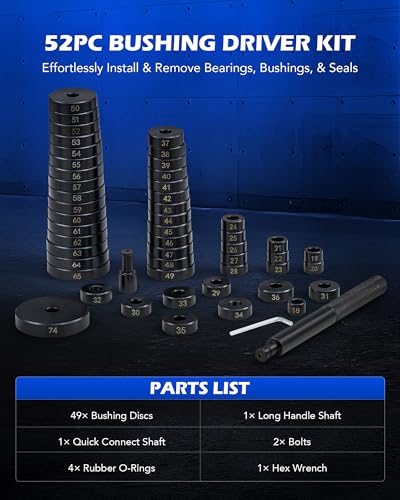 OMT Bushing Driver & Transmission Bearing Race Seal Installer Kit | Bush Removal Puller Bearing Press Tool Kit with 18-65mm & 74mm Metric Discs - color: Black Handle